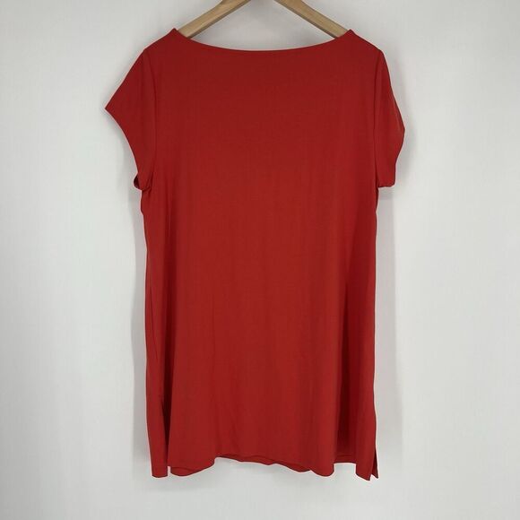 Eileen Fisher Tunic Top Size Large Red Cap Sleeve Minimalist Jersey Bateau Neck - Picture 4 of 7